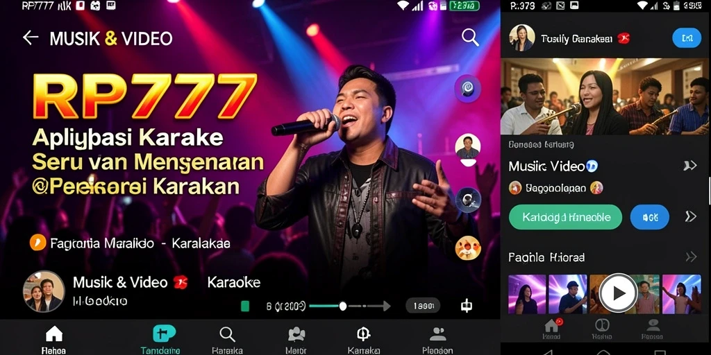Antarmuka aplikasi Karaoke RP777 dengan fitur lirik dan pemutar lagu.