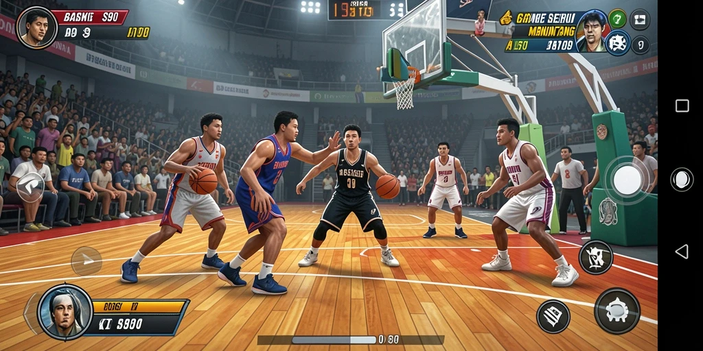 Antarmuka permainan S80 yang menunjukkan aksi bermain basket.